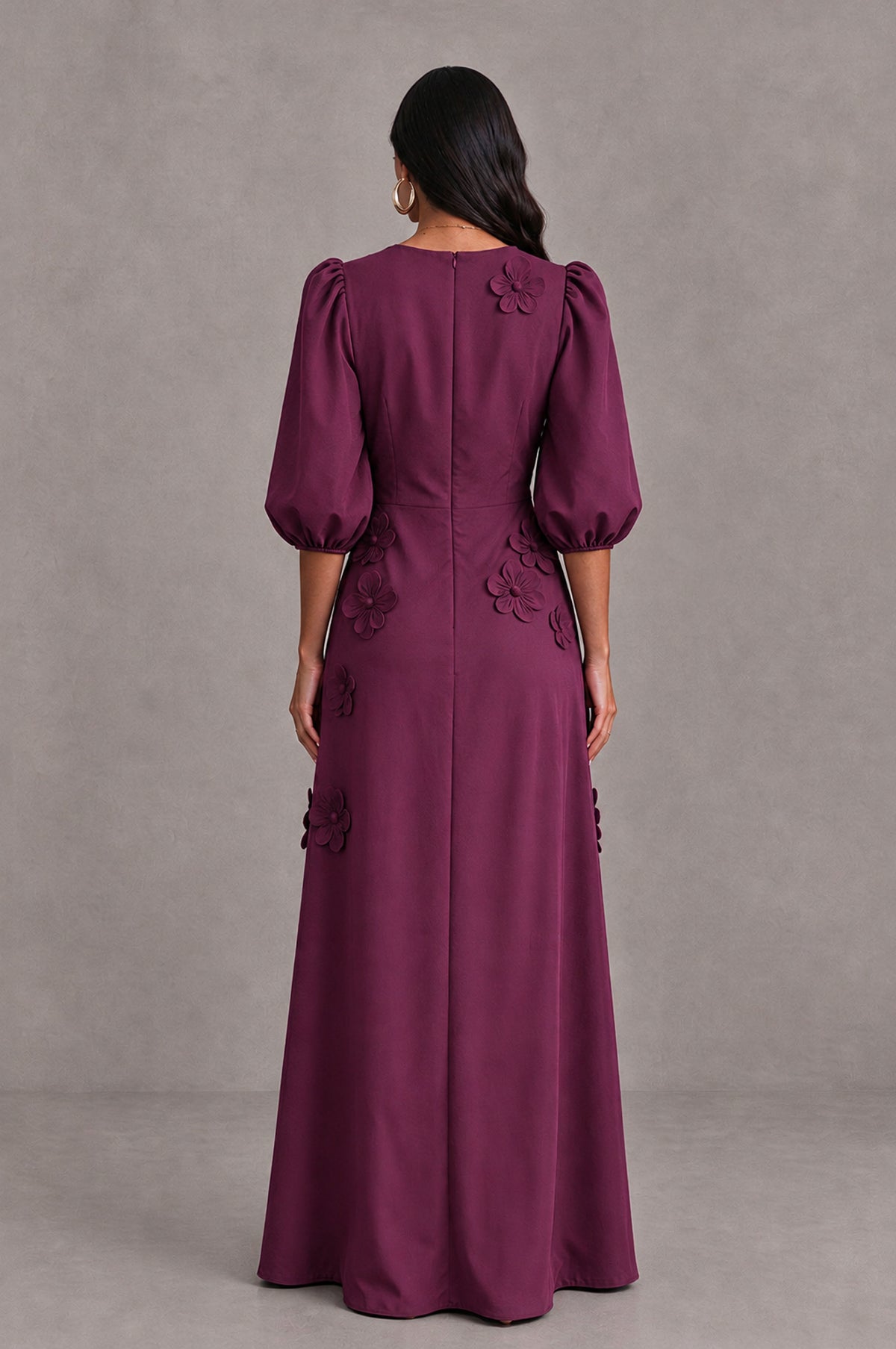 BOLODOO Plum Floral Applique Puff Sleeve A-Line Evening Dress - Plum - Plum (2)