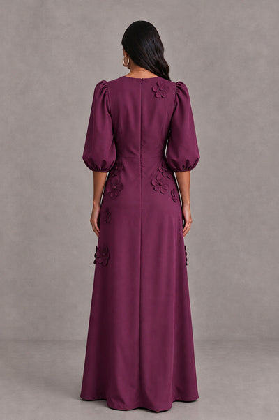 BOLODOO Plum Floral Applique Puff Sleeve A-Line Evening Dress - Plum - Plum (2)