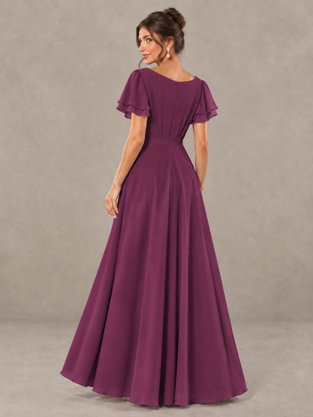 BOLODOO Plum Flutter Sleeve Ruffle Bridesmaid Dress with Slit - Plum - Plum (2)