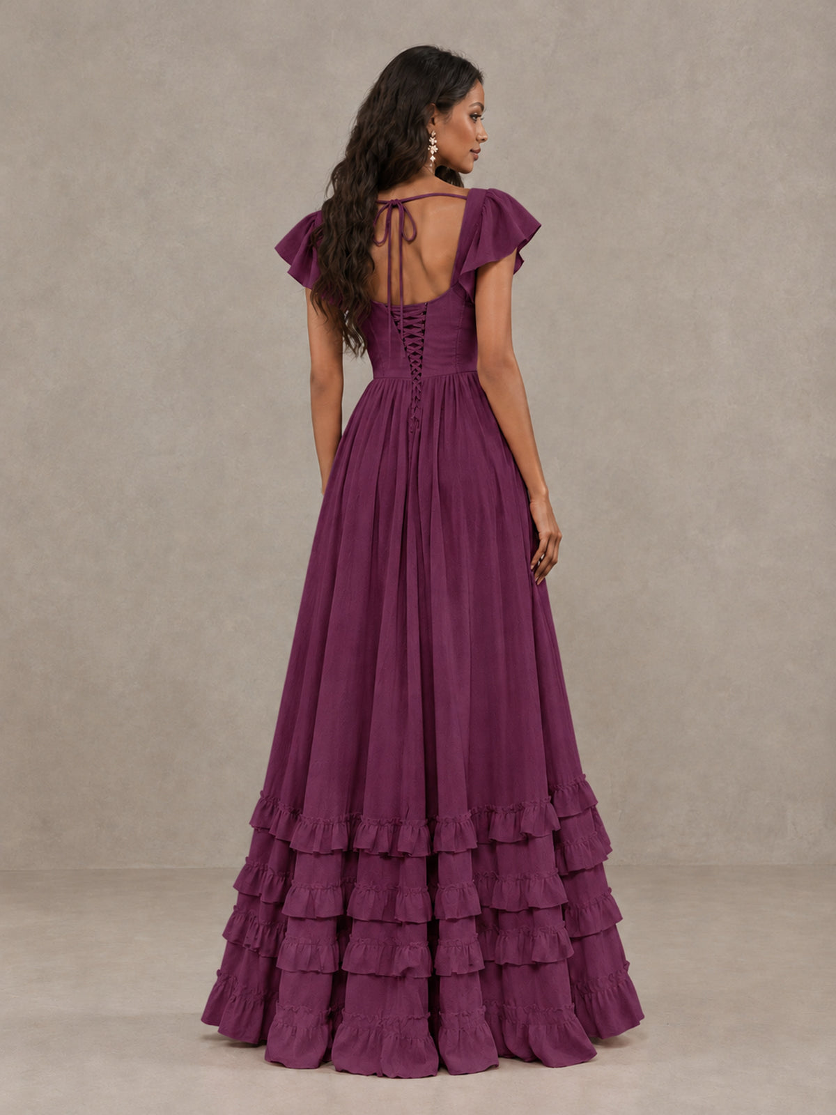 BOLODOO Plum Flutter Sleeve Ruffle Bridesmaid Dress with Slit - Plum - Plum (2)