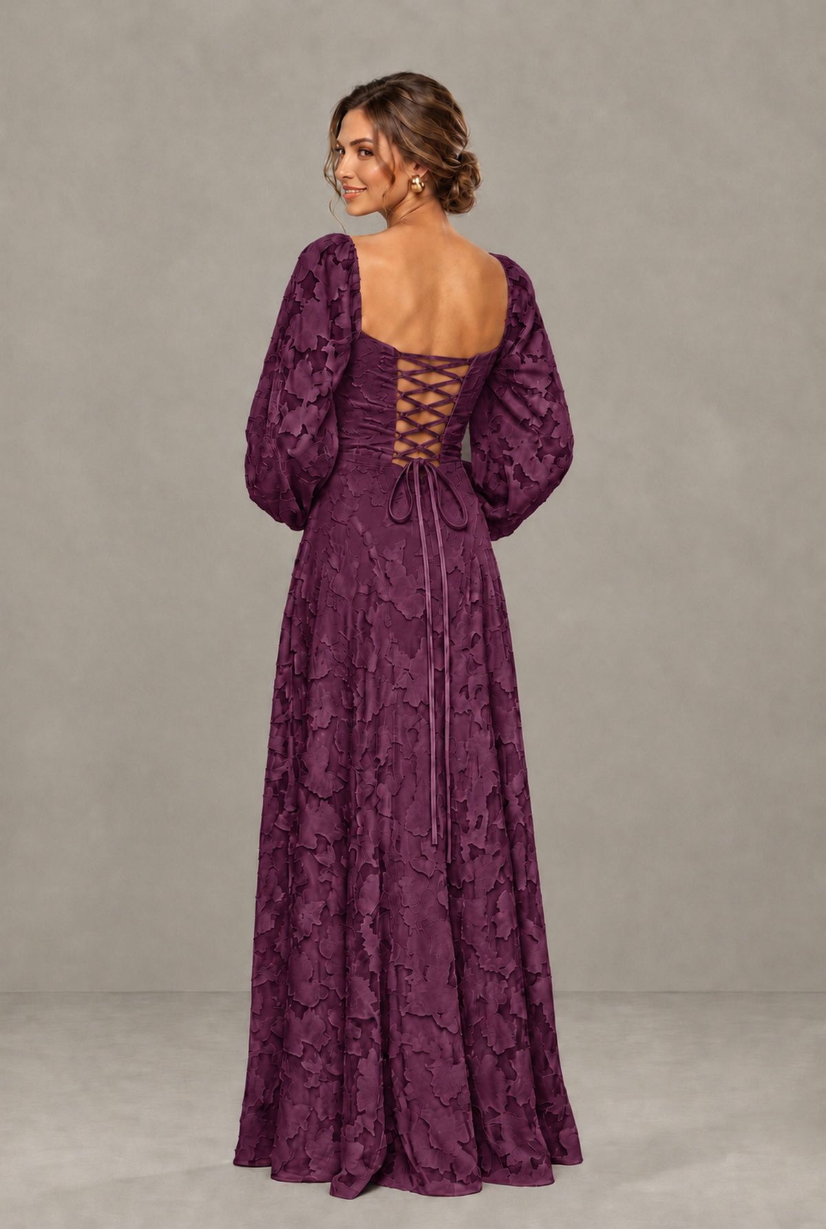 BOLODOO Floral Plum Long Sleeve A-Line Dress with Lace-Up Back - Plum