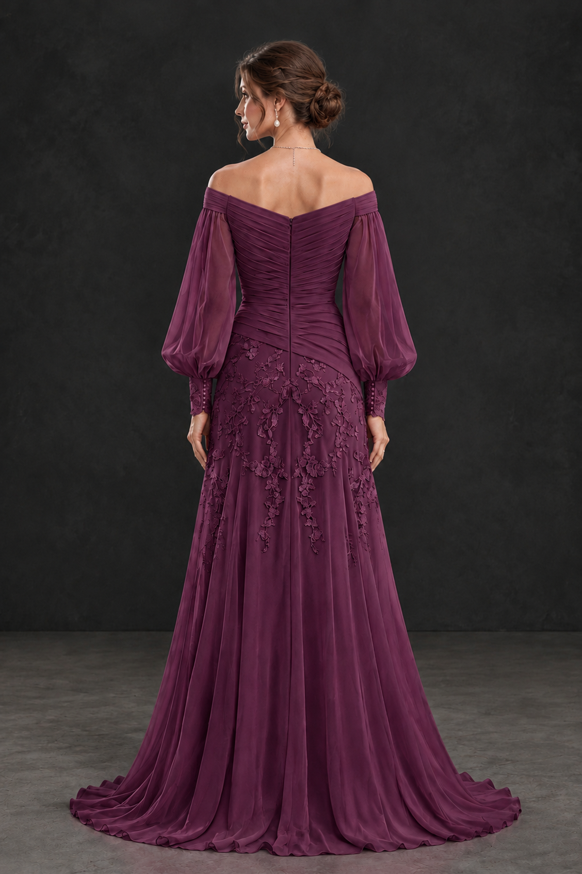 BOLODOO Plum Long Sleeve Mother of the Bride Dress with Floral Appliqués - Plum - Plum (2)