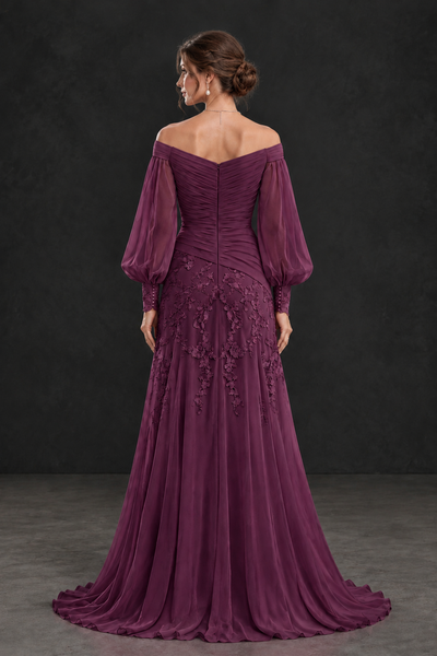 BOLODOO Plum Long Sleeve Mother of the Bride Dress with Floral Appliqués - Plum - Plum (2)