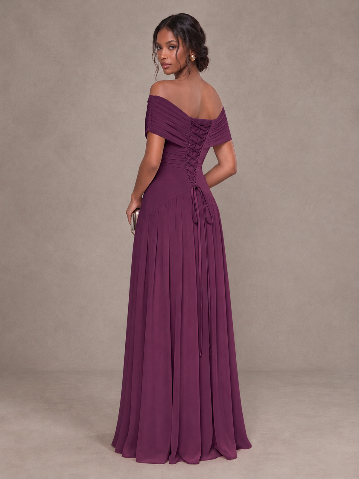 BOLODOO Plum Off-Shoulder Ruched A-Line Bridesmaid Dress - Plum - Plum (2)