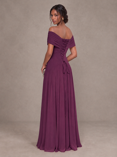 BOLODOO Plum Off-Shoulder Ruched A-Line Bridesmaid Dress - Plum - Plum (2)