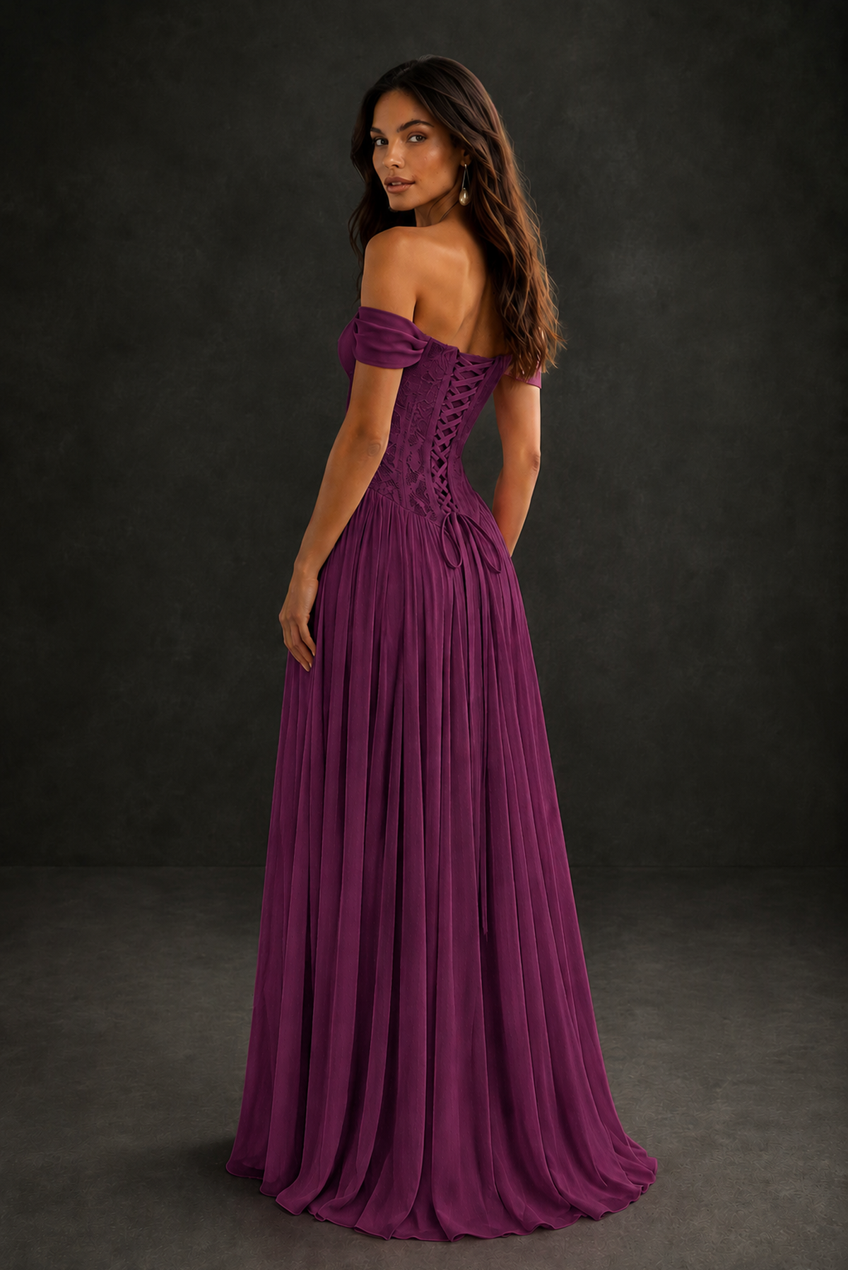 BOLODOO Plum Off-Shoulder Lace Corset Tulle Maxi Dress - Plum