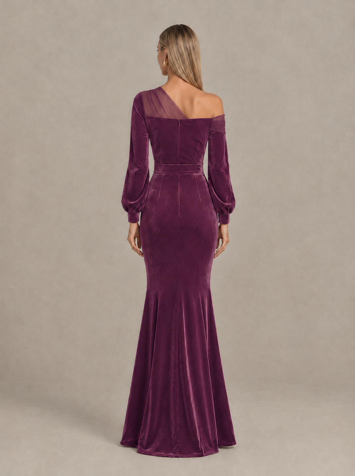 BOLODOO Plum Velvet Mermaid Evening Dress with Long Sleeves - Plum - Plum (2)