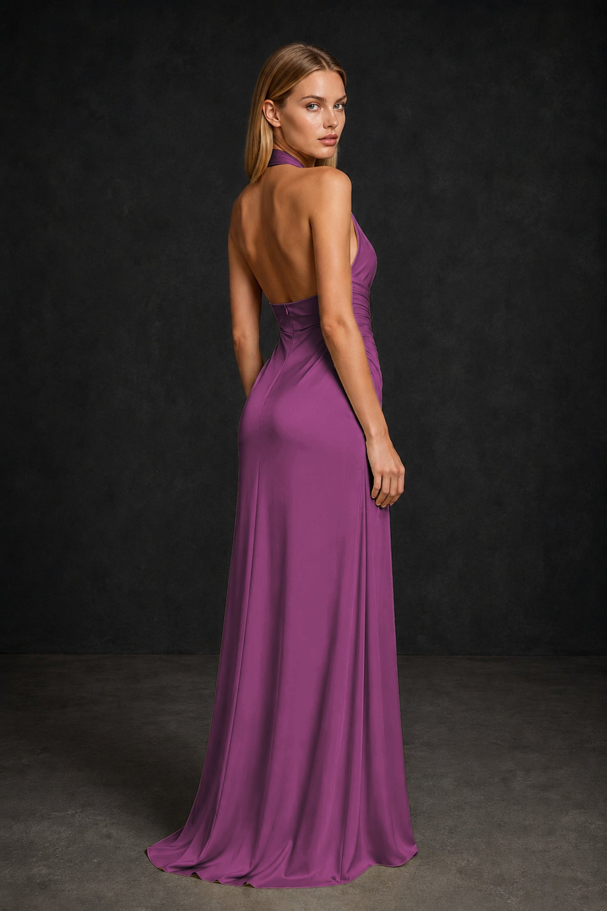 BOLODOO Plum Twisted Halter Neck Ruched Sleeveless Open Back Floor-Length Gown - Plum