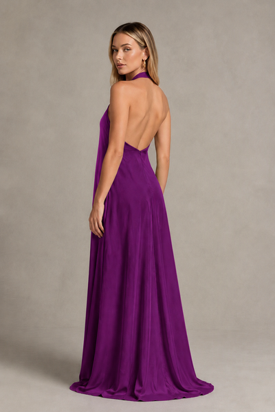 BOLODOO Plum Backless Halter Satin Bridesmaid Dress - Plum