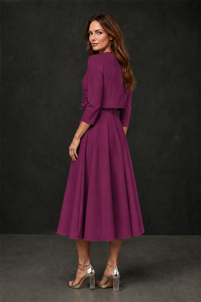 BOLODOO Plum 3D Rosette Appliqué 3/4 Sleeve Jacket & V-Notch Sleeveless A-Line Tea-Length Two-Piece Dress Set - Plum