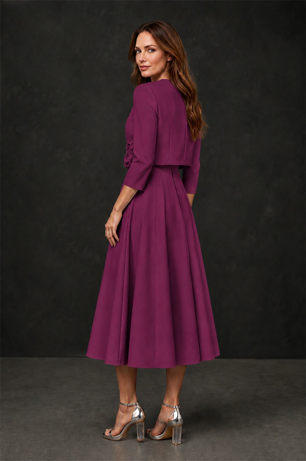 BOLODOO Plum 3D Rosette Appliqué 3/4 Sleeve Jacket & V-Notch Sleeveless A-Line Tea-Length Two-Piece Dress Set - Plum