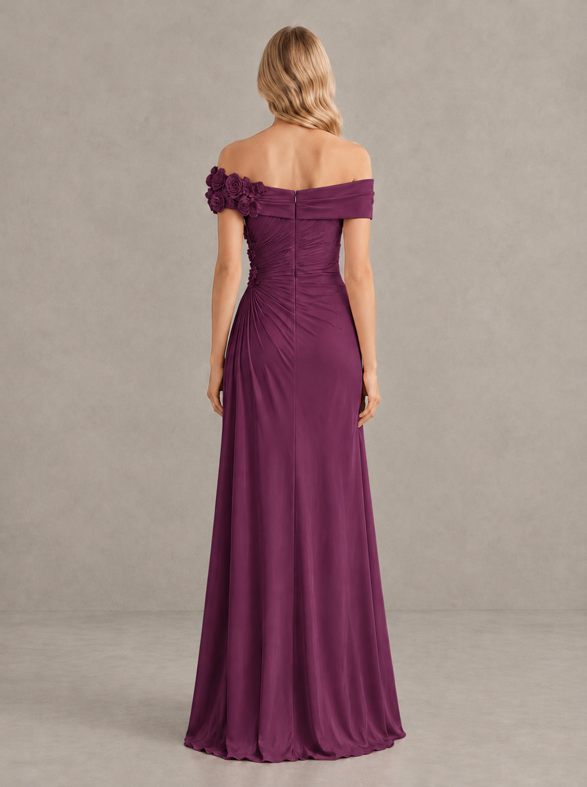 BOLODOO Plum Off-Shoulder Floral Applique Wedding Guest Maxi Dress - Plum - Plum (2)