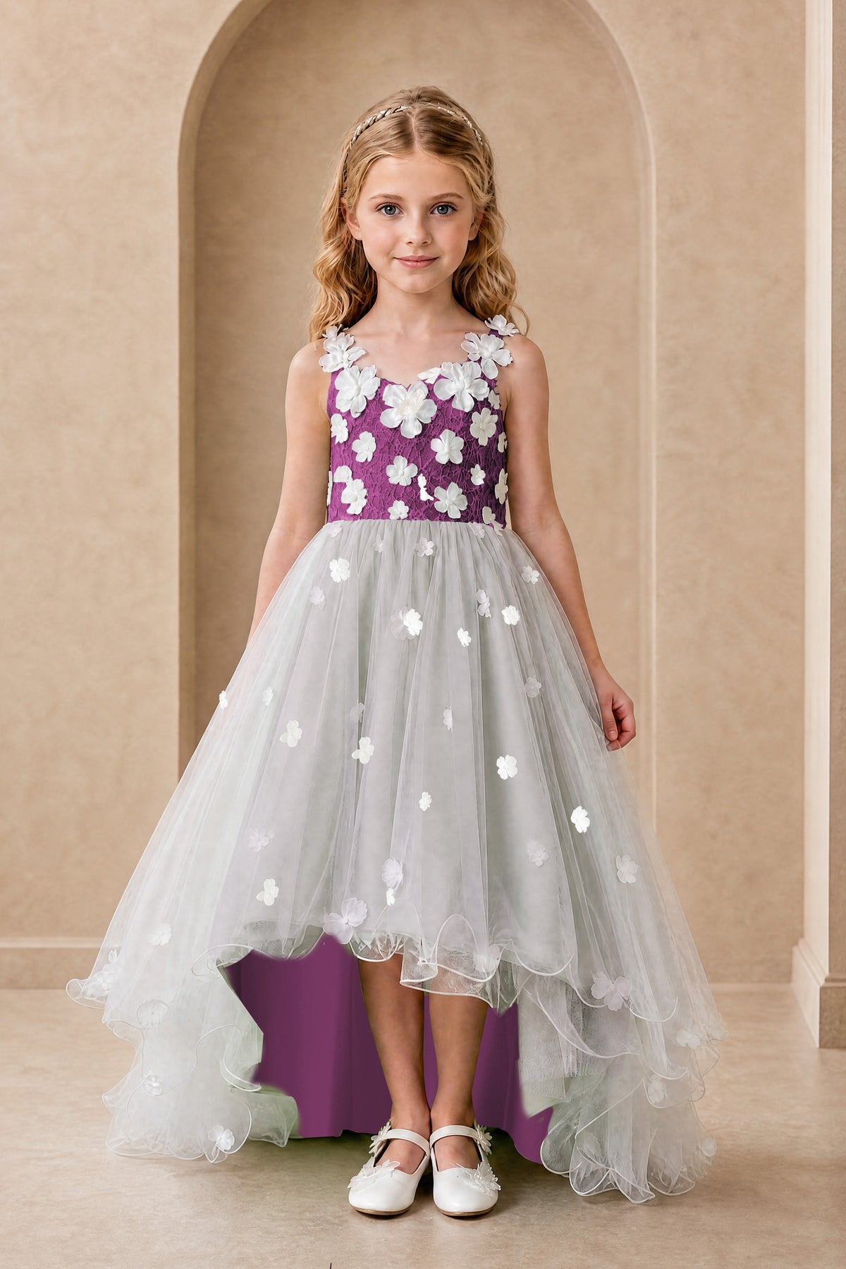 BOLODOO Plum Flower Girl Dress with Floral Appliqué and High-Low Tulle Skirt - Plum