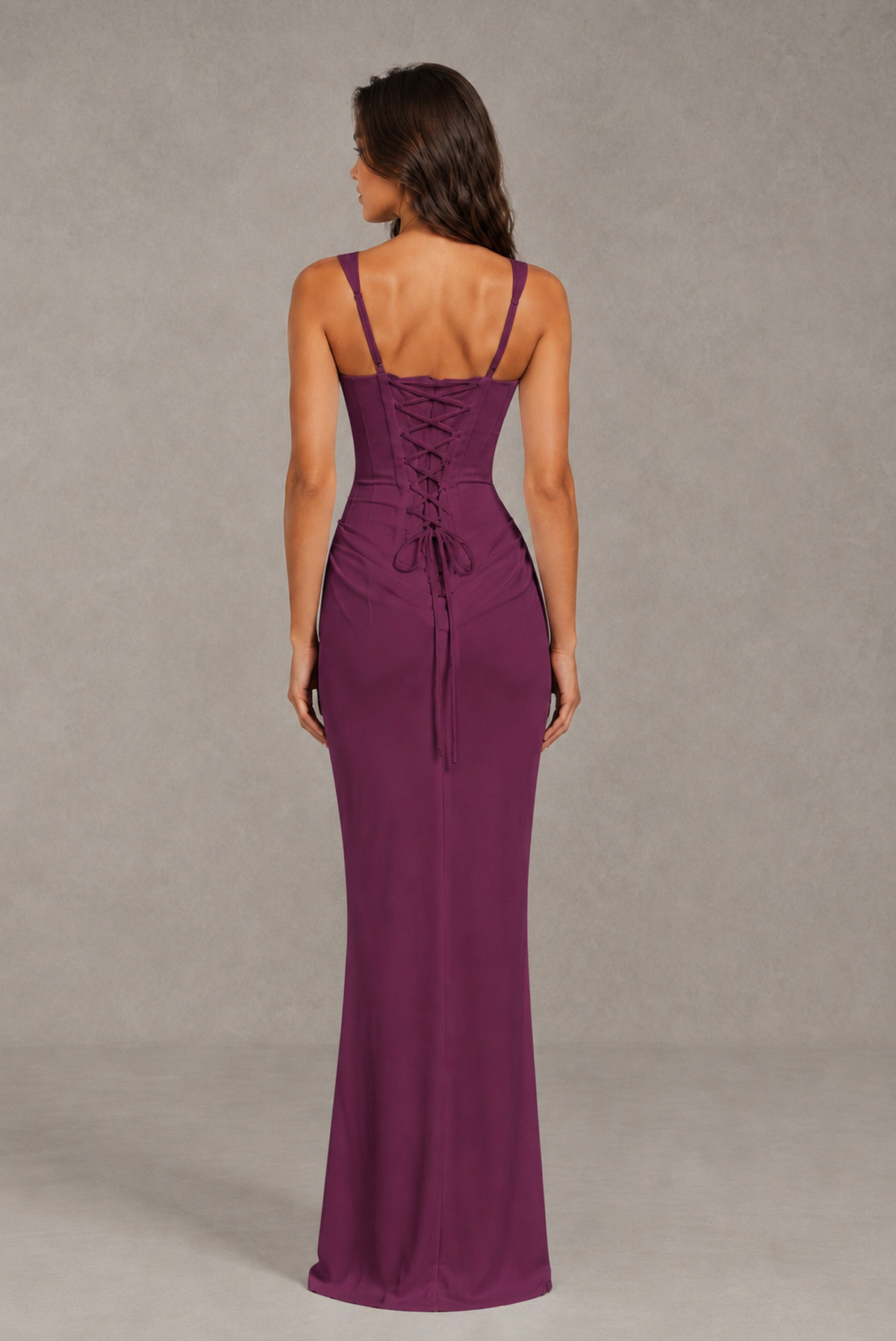 BOLODOO Plum Square-Neck Lace-Up Back Bridesmaid Dress - Plum