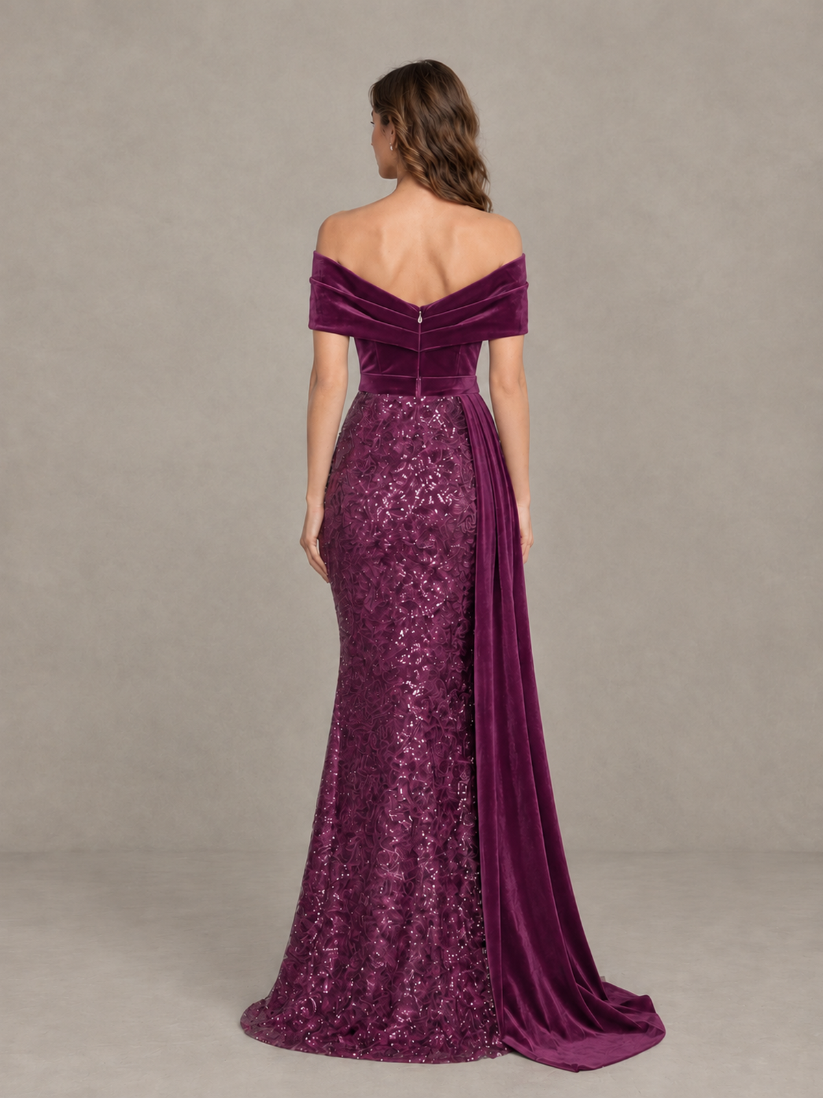 BOLODOO Plum Off-Shoulder Velvet & Sequin Evening Gown with Side Train - Plum - Plum (2)