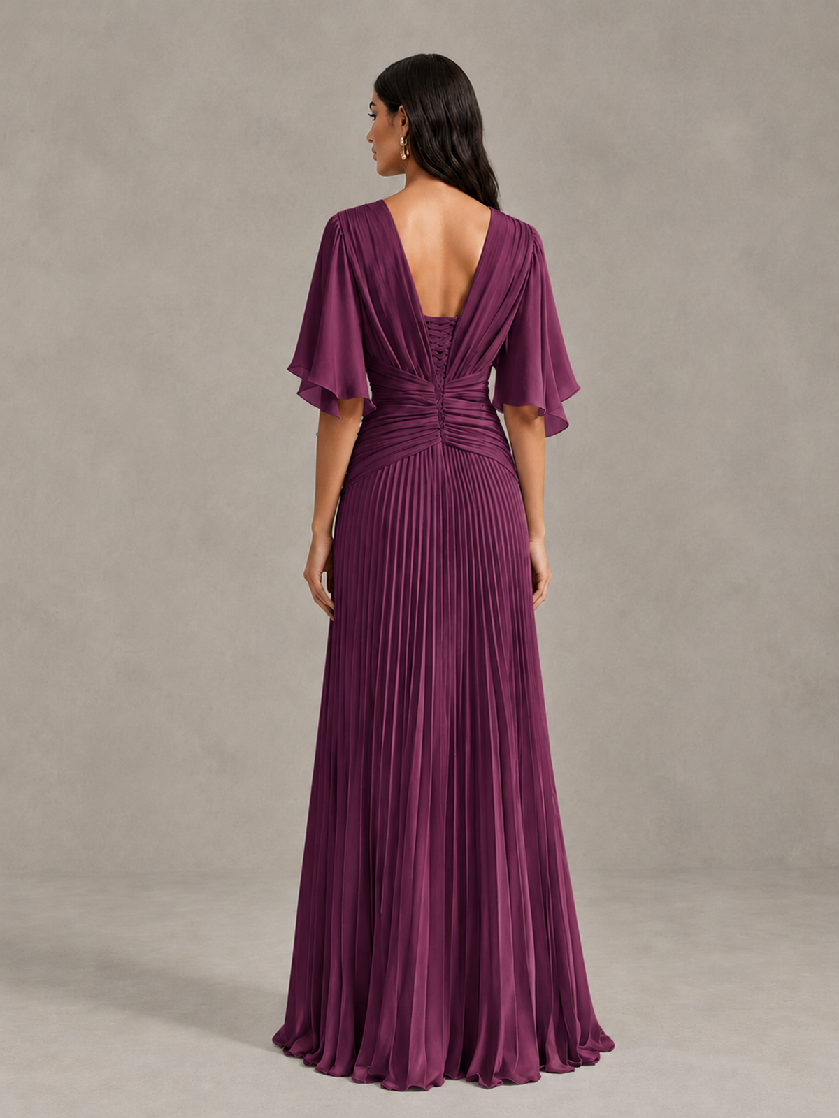 BOLODOO Plum Pleated V-Neck Flutter Sleeve Bridesmaid Dress - Plum - Plum (2)