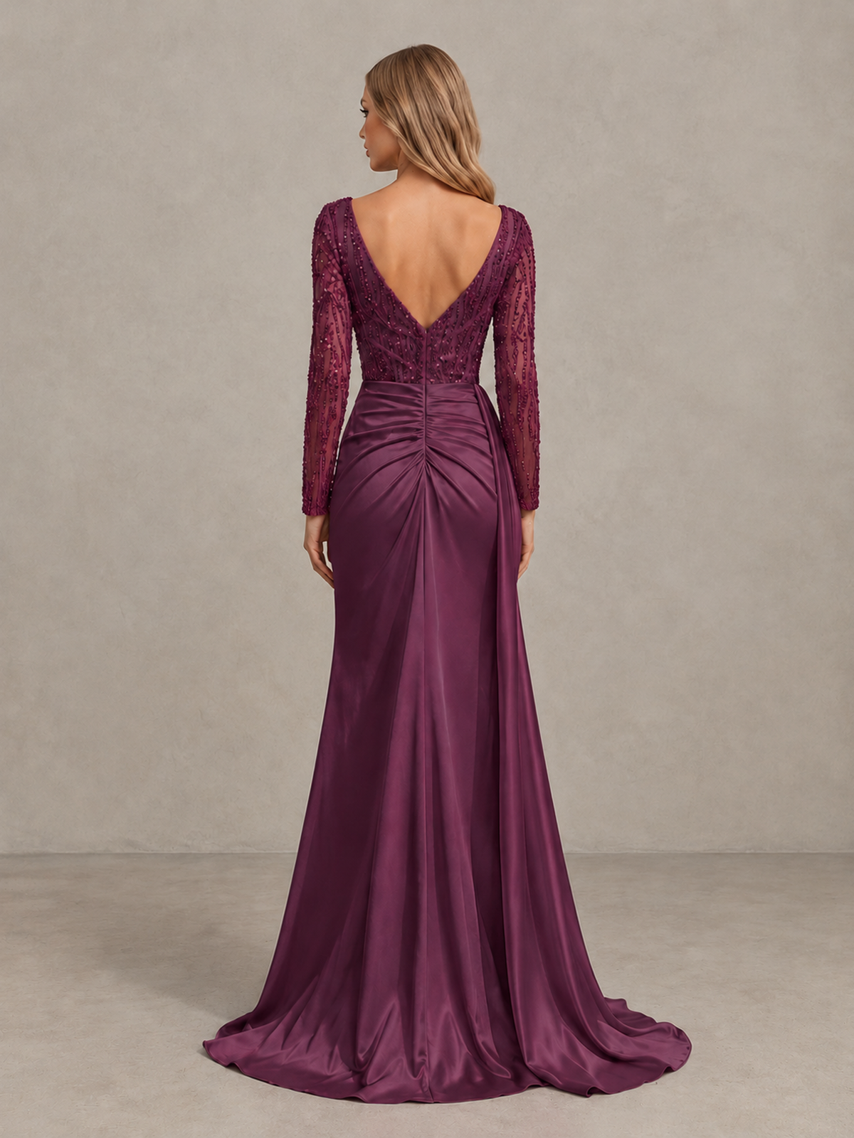 BOLODOO Plum Long Sleeve Lace Evening Dress with High Slit - Plum - Plum (2)