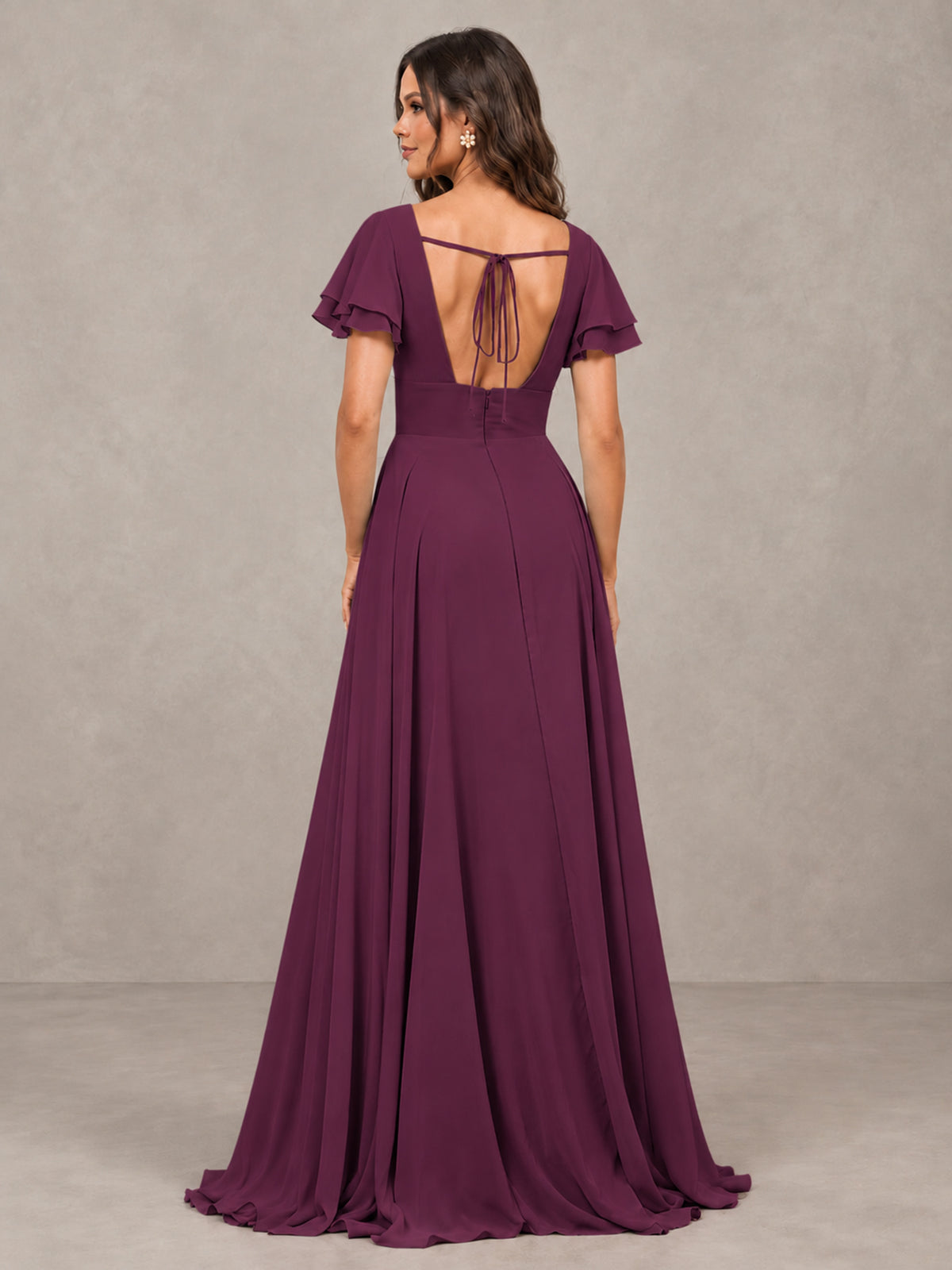 BOLODOO Plum Flutter Sleeve Chiffon A-Line Maxi Bridesmaid Dress with Open Back & Slit - Plum - Plum (2)