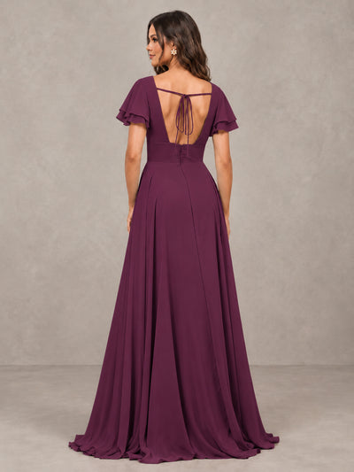 BOLODOO Plum Flutter Sleeve Chiffon A-Line Maxi Bridesmaid Dress with Open Back & Slit - Plum - Plum (2)