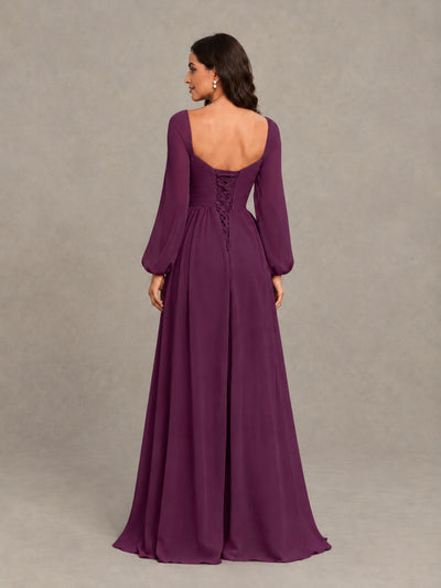 BOLODOO Plum Long Sleeve Chiffon Bridesmaid Dress with Slit - Plum - Plum (2)