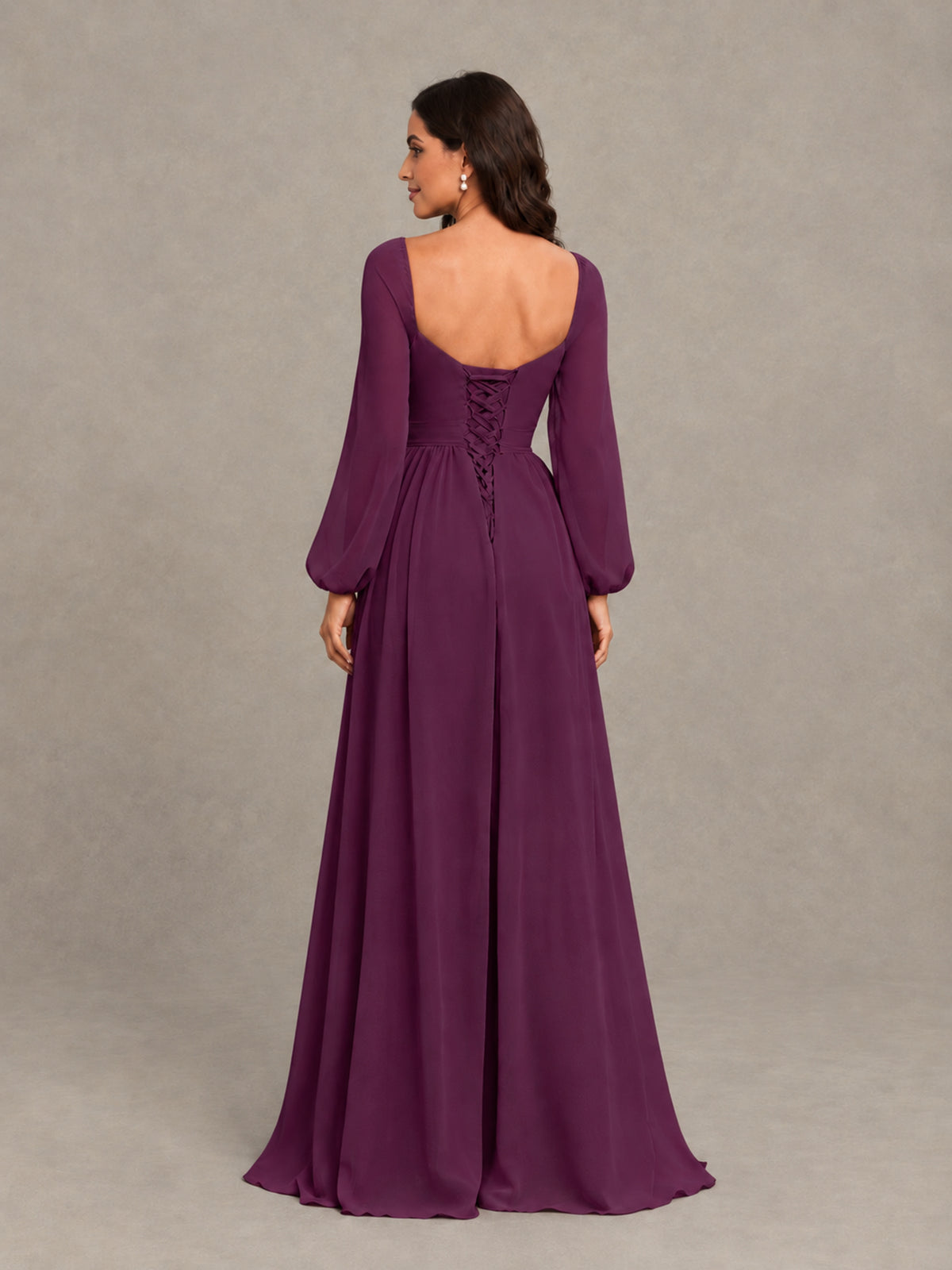 BOLODOO Plum Long Sleeve Chiffon Bridesmaid Dress with Slit - Plum - Plum (2)