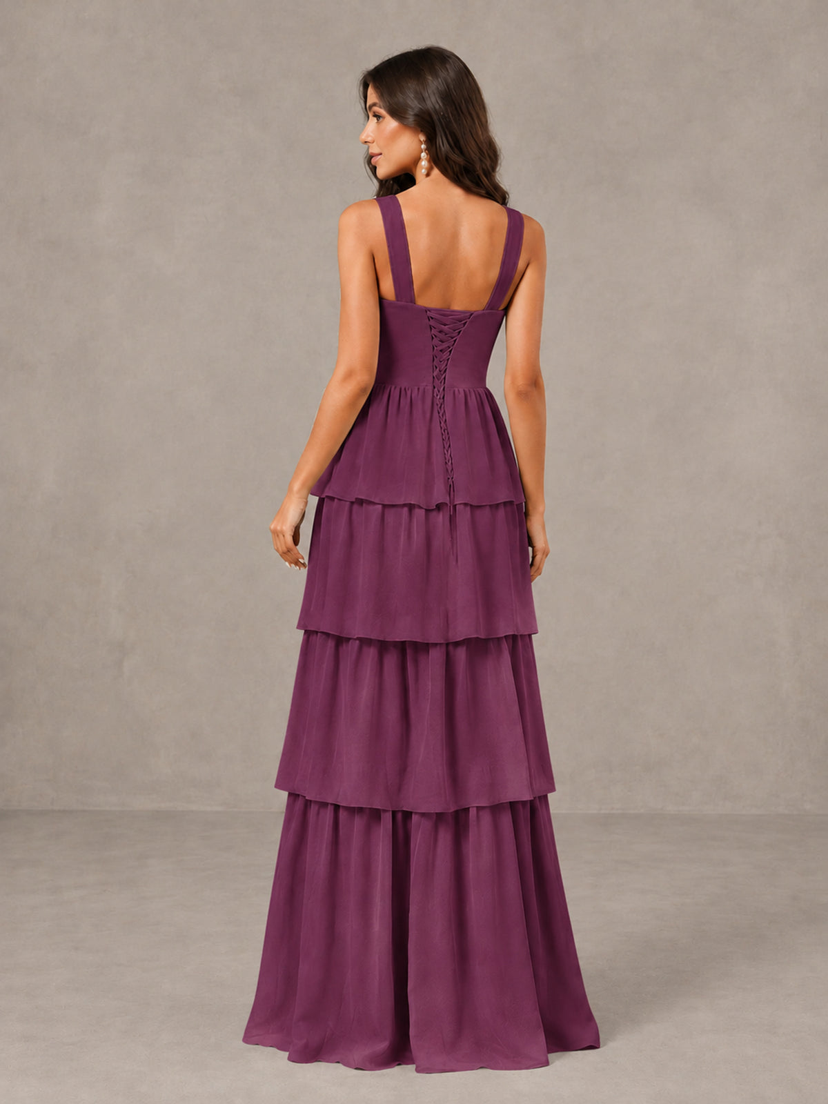 BOLODOO Plum Square Neck Tiered Bridesmaid Dress with Slit - Plum - Plum (2)