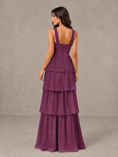 BOLODOO Plum Square Neck Tiered Bridesmaid Dress with Slit - Plum - Plum (2)