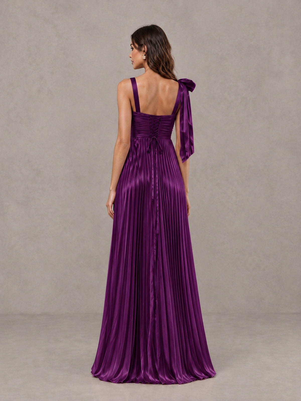 BOLODOO Plum Pleated Bow-Strap Bridesmaid Maxi Dress - Plum - Plum (2)