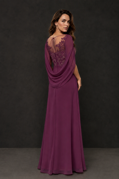 BOLODOO Plum Illusion Lace One-Side Cape Sleeve Beaded Chiffon Floor Length Gown | Mother of the Bride Evening Dress - Plum