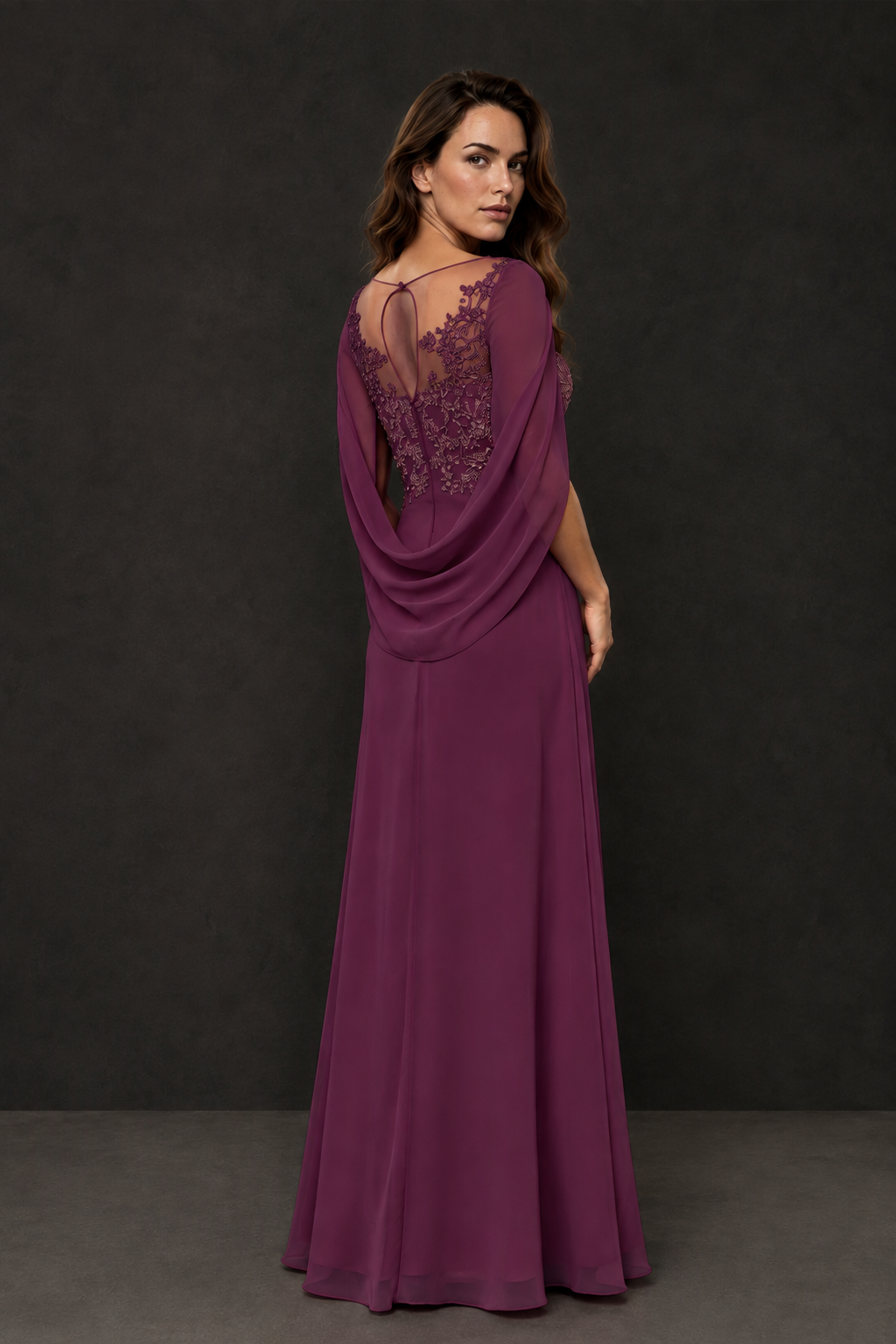 BOLODOO Plum Illusion Lace One-Side Cape Sleeve Beaded Chiffon Floor Length Gown | Mother of the Bride Evening Dress - Plum