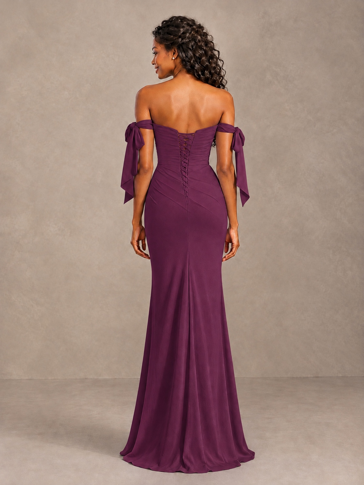 Plum Off-Shoulder Bow Bridesmaid Dress with Slit - Plum - Plum (2)