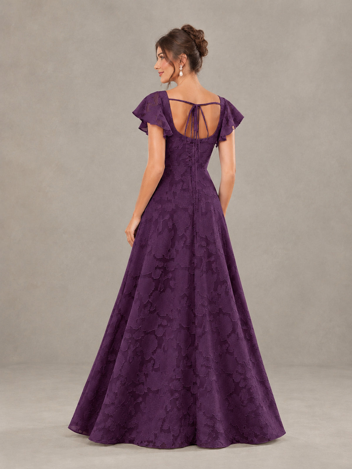 BOLODOO Plum Floral Flutter Sleeve Bridesmaid Dress with Slit - Plum - Plum (2)