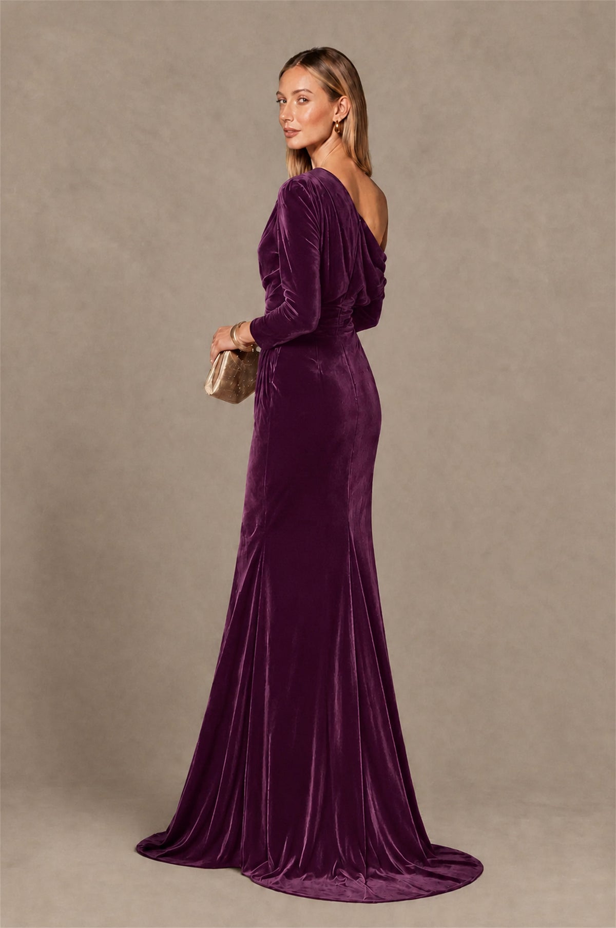 BOLODOO Plum Velvet One-Shoulder Long Sleeve Evening Gown - Plum