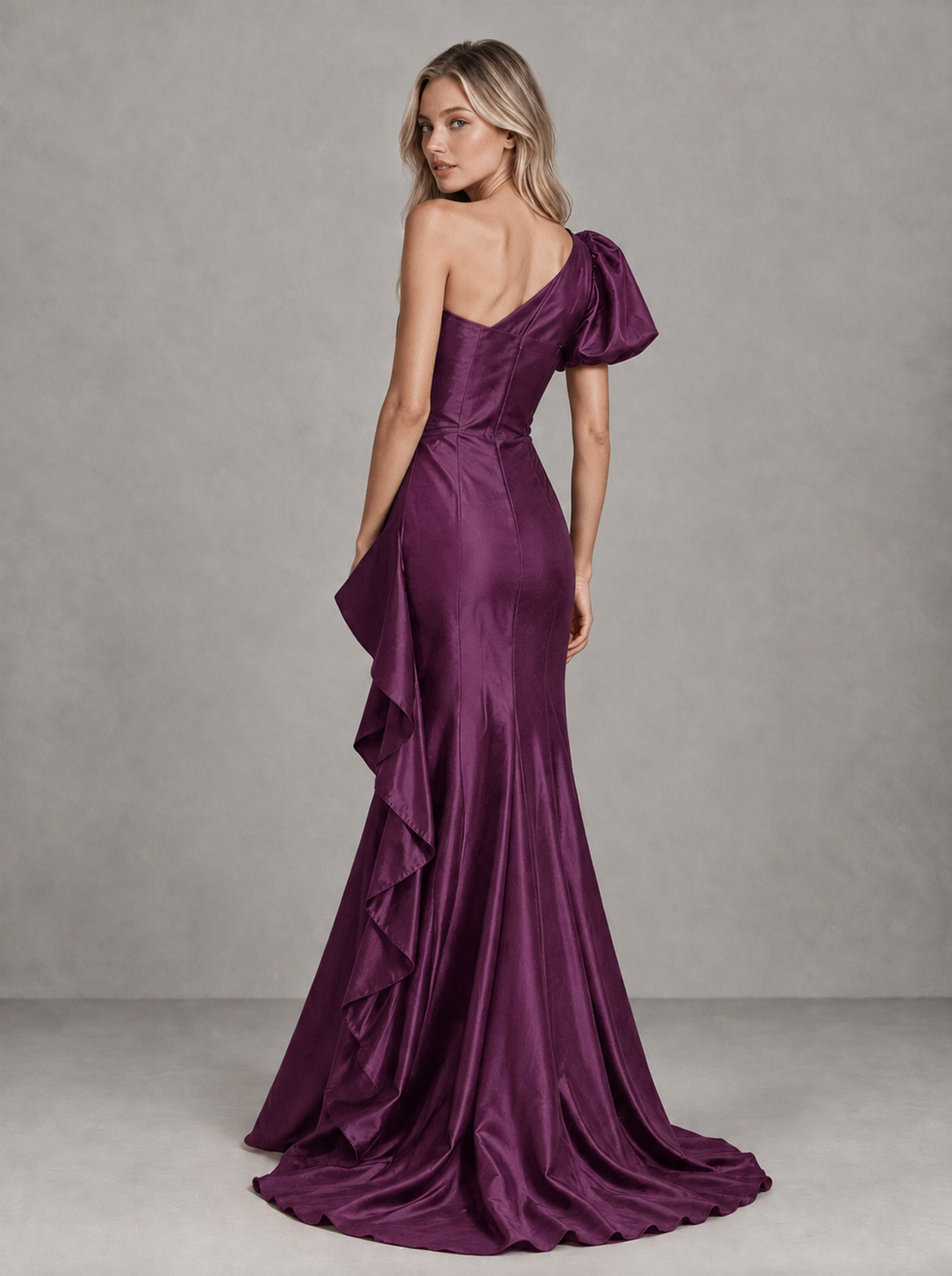 BOLODOO Plum One-Shoulder Satin-Look Mermaid Evening Dress with Ruffles - Plum - Plum (2)