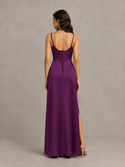 BOLODOO Plum Cowl Neck Satin Bridesmaid Dress with Slit - Plum - Plum (2)