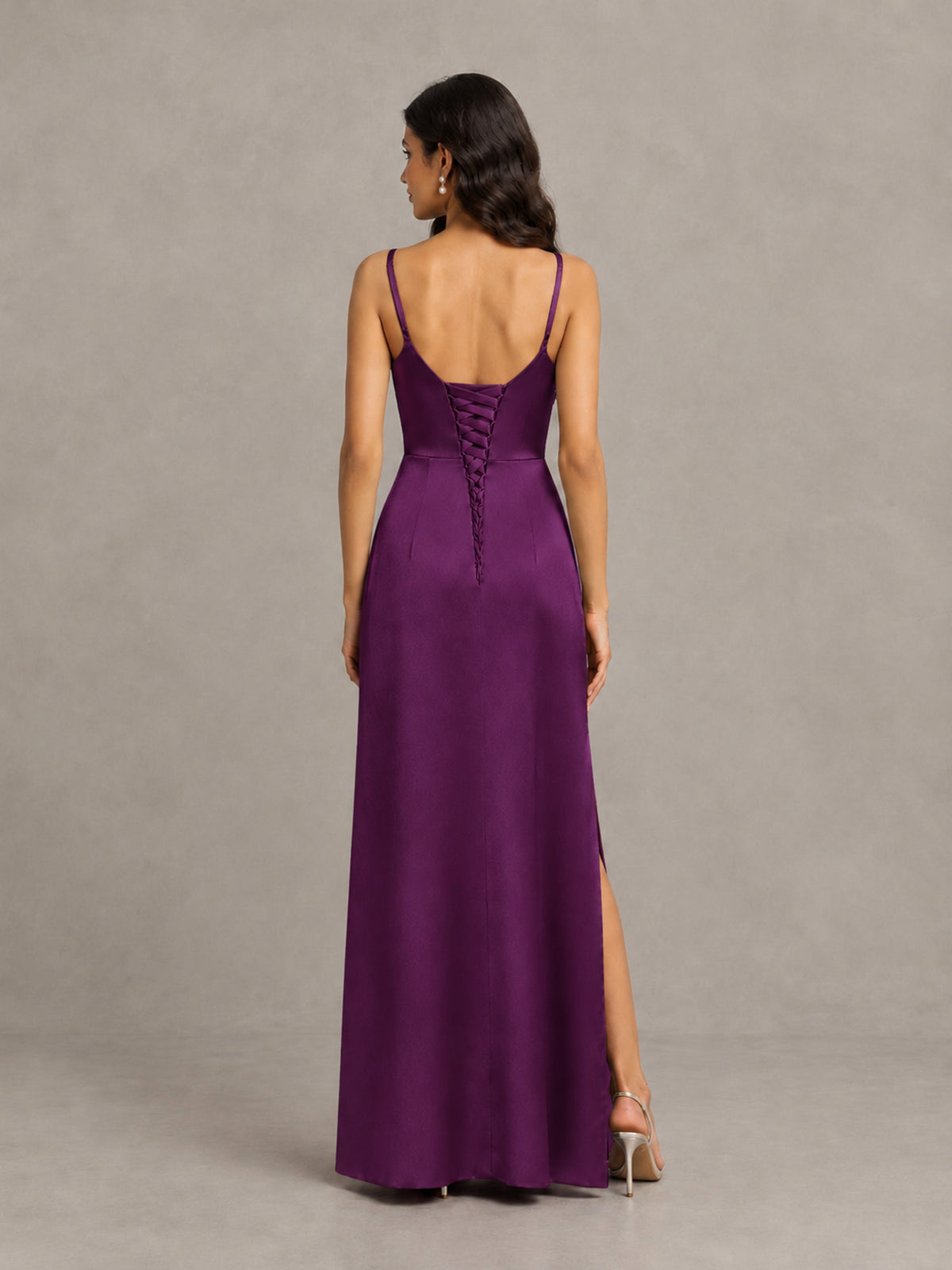 BOLODOO Plum Cowl Neck Satin Bridesmaid Dress with Slit - Plum - Plum (2)
