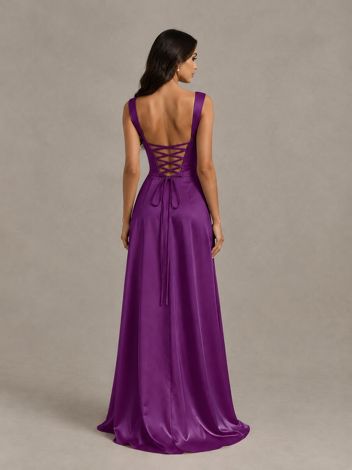 BOLODOO Plum Satin Lace-Up Bridesmaid Dress with Slit - Plum - Plum (2)