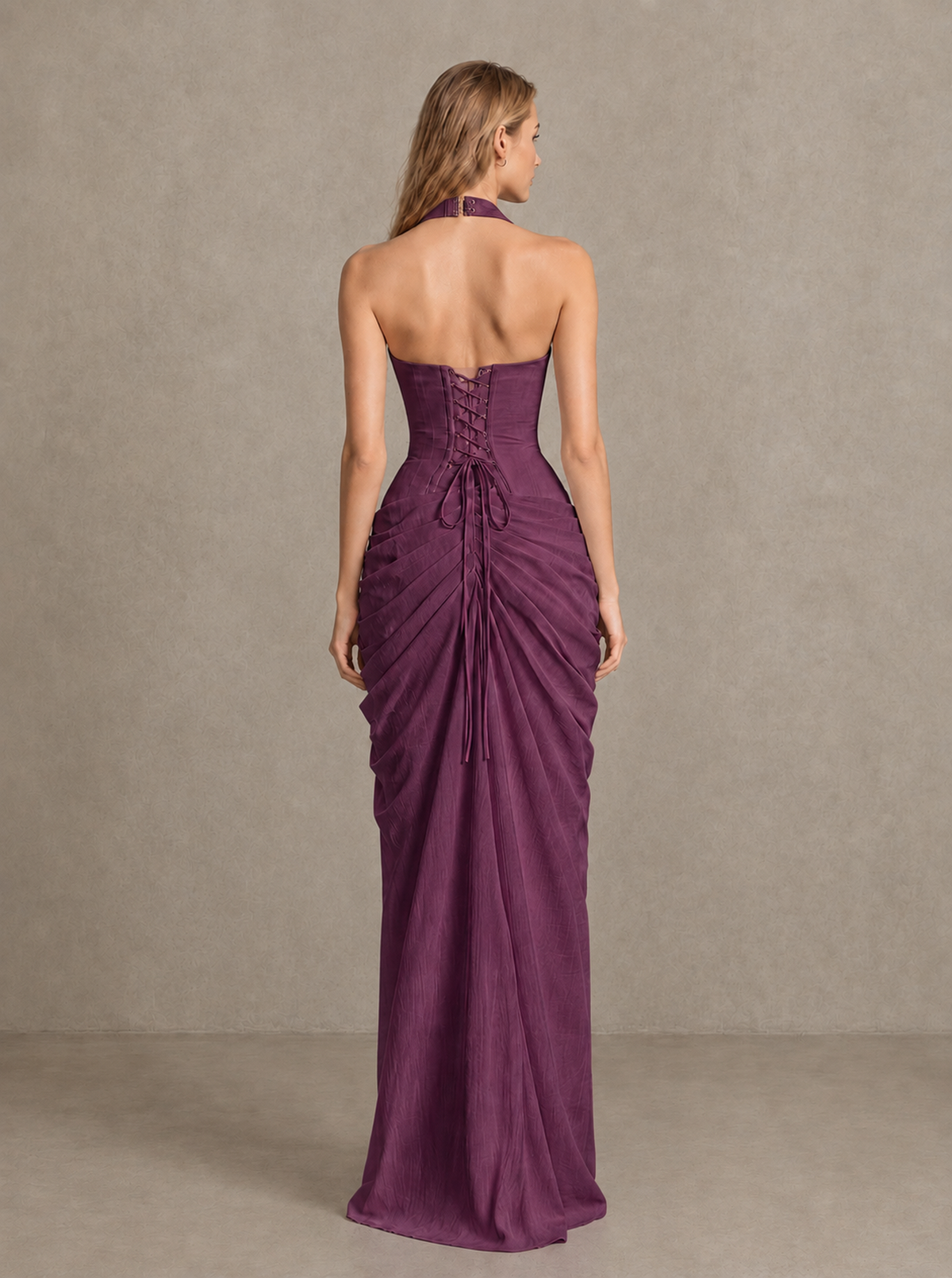 BOLODOO Plum Halter Neck Ruched Maxi Dress with High Slit - Plum