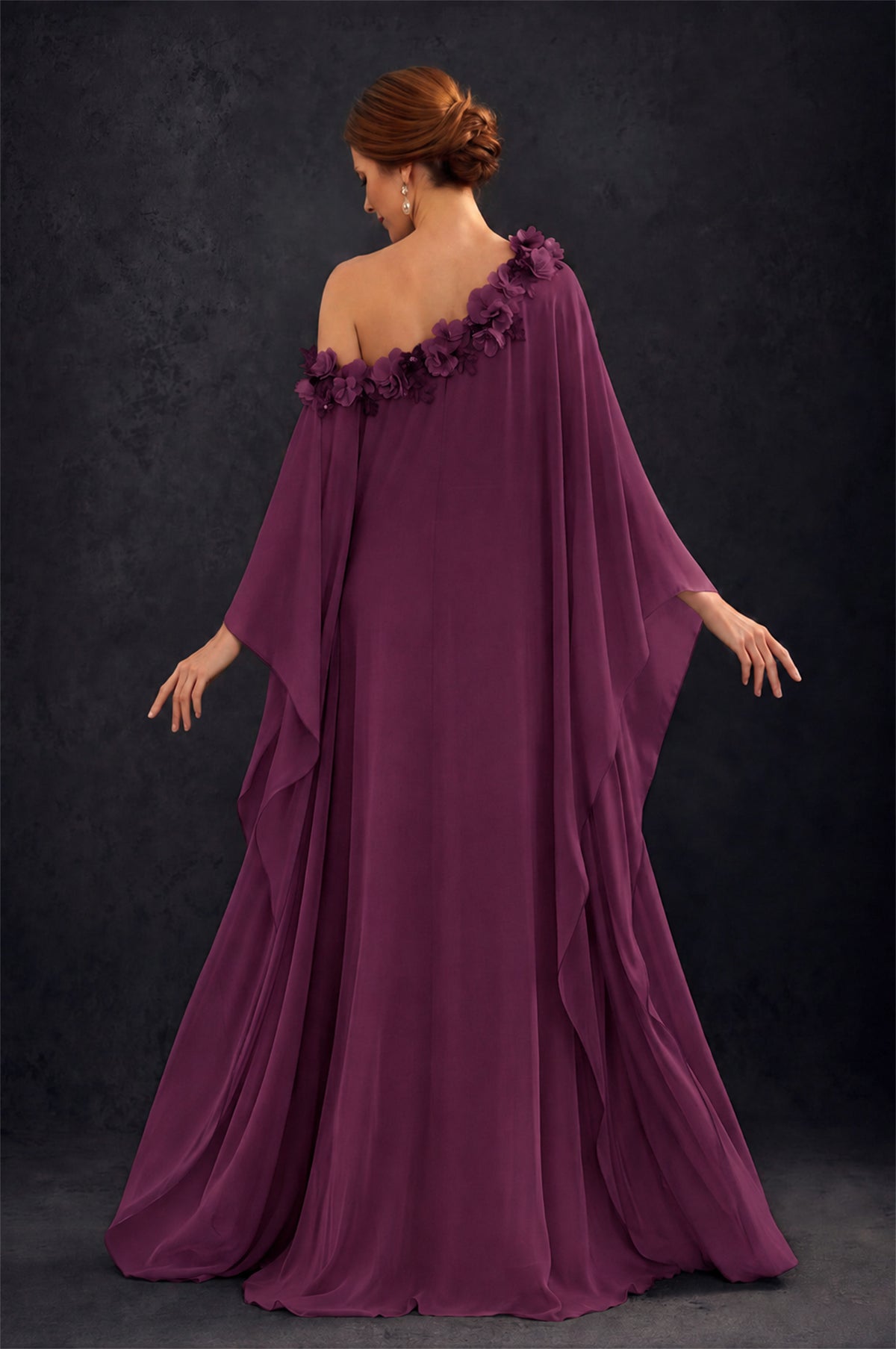 BOLODOO Plum 2-Piece Set: Off-Shoulder 3D Floral Cape Gown & One-Shoulder Wide-Leg Jumpsuit | BD0373 - Plum