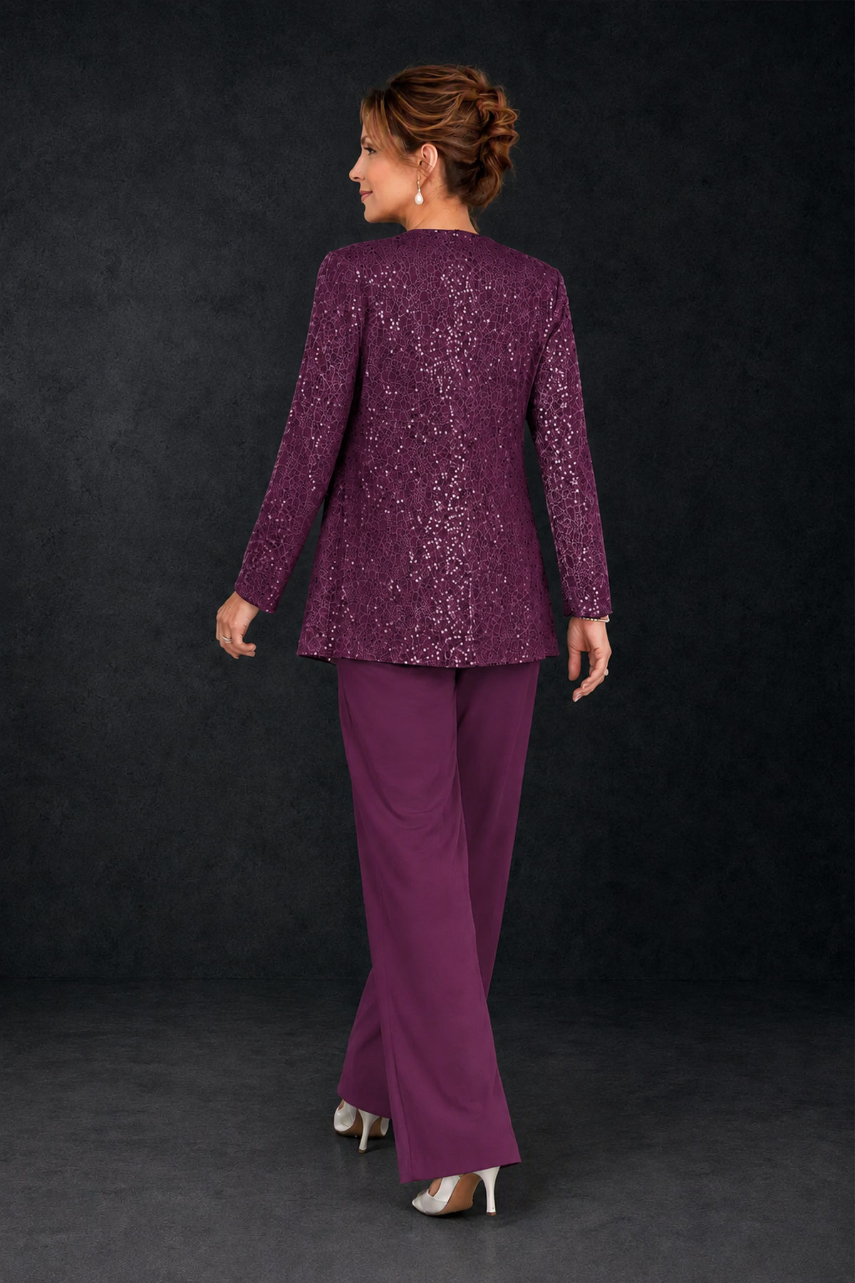 BOLODOO Plum Sequin Lace 3-Piece Pant Suit with Long Sleeve Jacket - Plum - Plum (2)