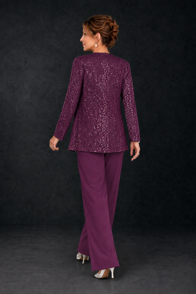 BOLODOO Plum Sequin Lace 3-Piece Pant Suit with Long Sleeve Jacket - Plum - Plum (2)