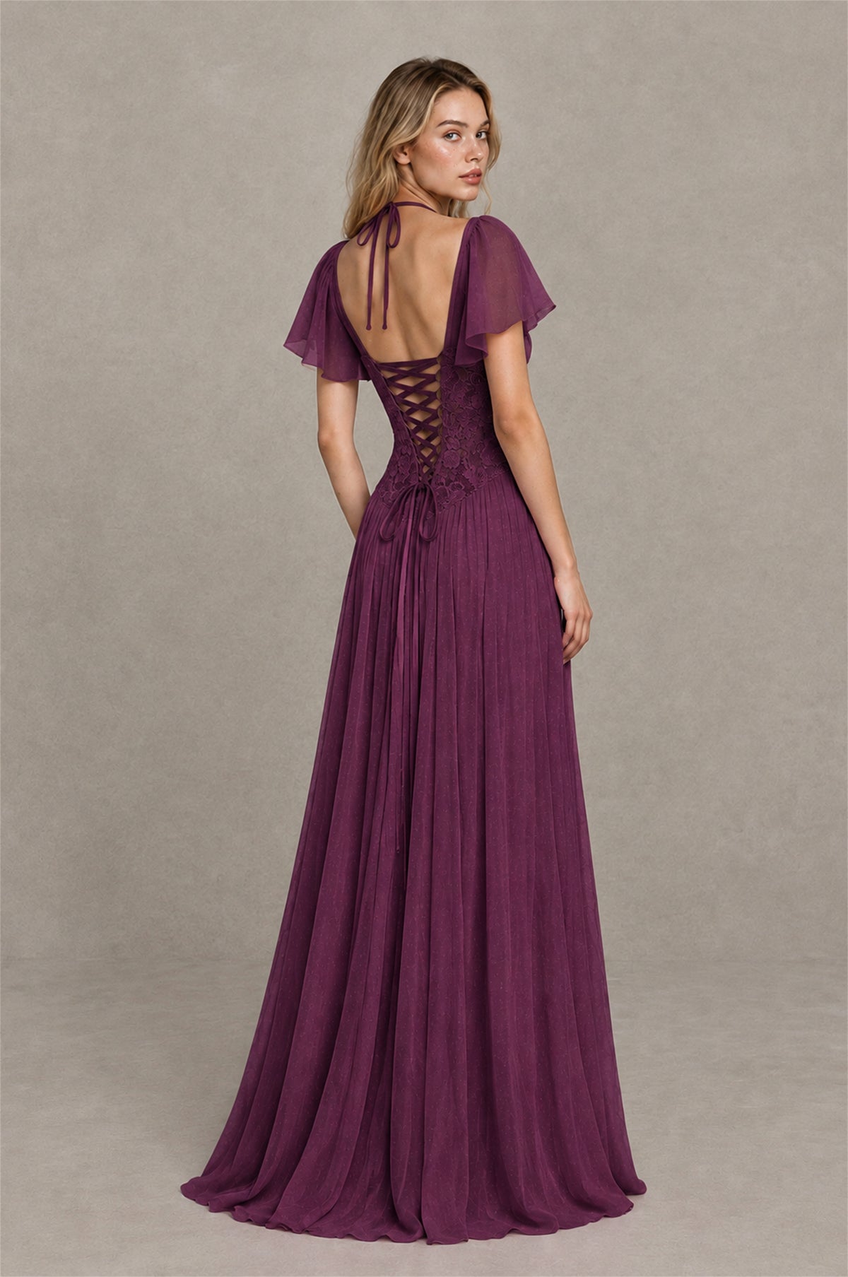 BOLODOO Plum Flutter Sleeve Lace Corset A-Line Maxi Dress - Plum - Plum (2)