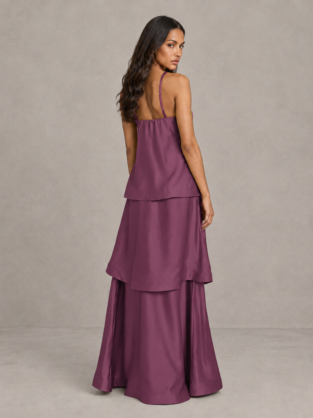 BOLODOO Plum Satin Tiered Maxi Dress with Spaghetti Straps - Plum