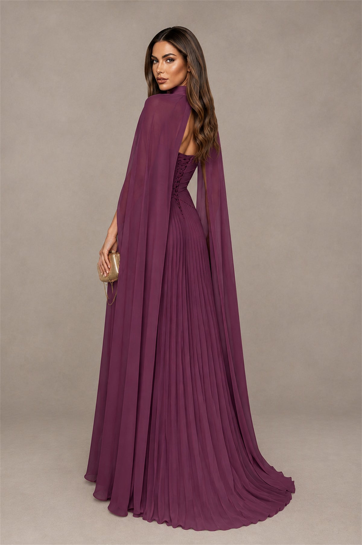 BOLODOO Plum Strapless Crossover Ruched Bodice Detached Turtleneck Cape Lace-Up Back Pleated Chiffon Maxi Dress - Plum
