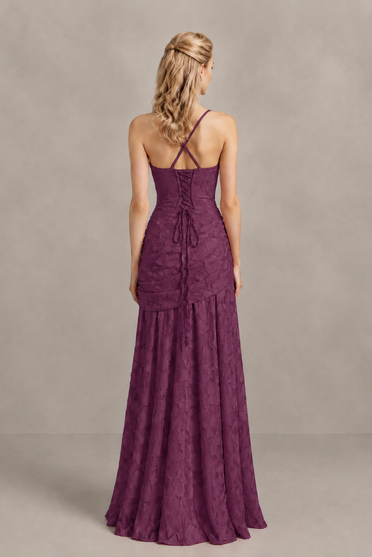 BOLODOO Plum Ruched Floral Maxi Dress with Lace-Up Back - Plum
