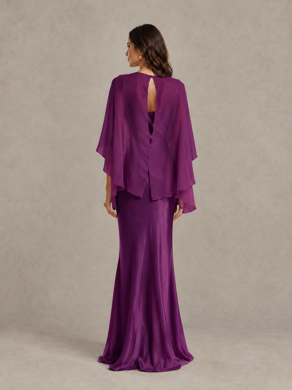BOLODOO Plum Satin Mermaid Bridesmaid Dress with Chiffon Cape - Plum - Plum (2)