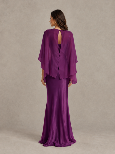 BOLODOO Plum Satin Mermaid Bridesmaid Dress with Chiffon Cape - Plum - Plum (2)