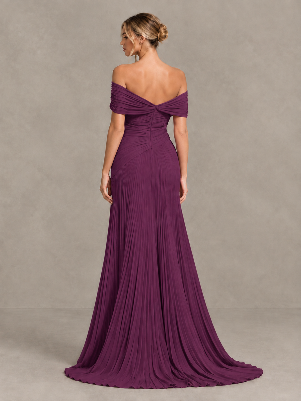 BOLODOO Plum Off-Shoulder Ruched Pleated Maxi Dress with High Slit - Plum - Plum (2)