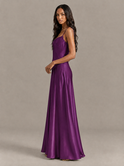 BOLODOO Plum Satin Lace-Up Back Maxi Dress - Plum