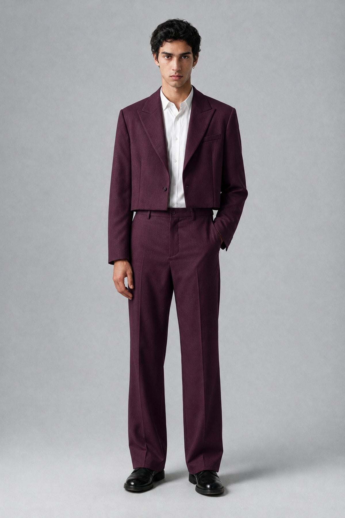 Bolodoo Men's Plum Cropped Blazer & Wide-Leg Trousers 2-Piece Suit - Plum - Plum (2)
